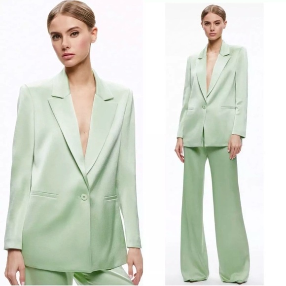 Alice + Olivia Denny Satin Single Breasted Boyfriend Blazer Green Tea Size 6 New - Picture 1 of 16
